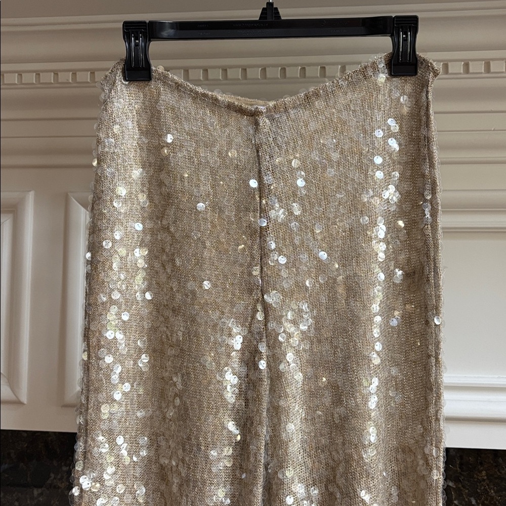 Zara Champagne Sequin Wide-Leg Jumpsuit Pants